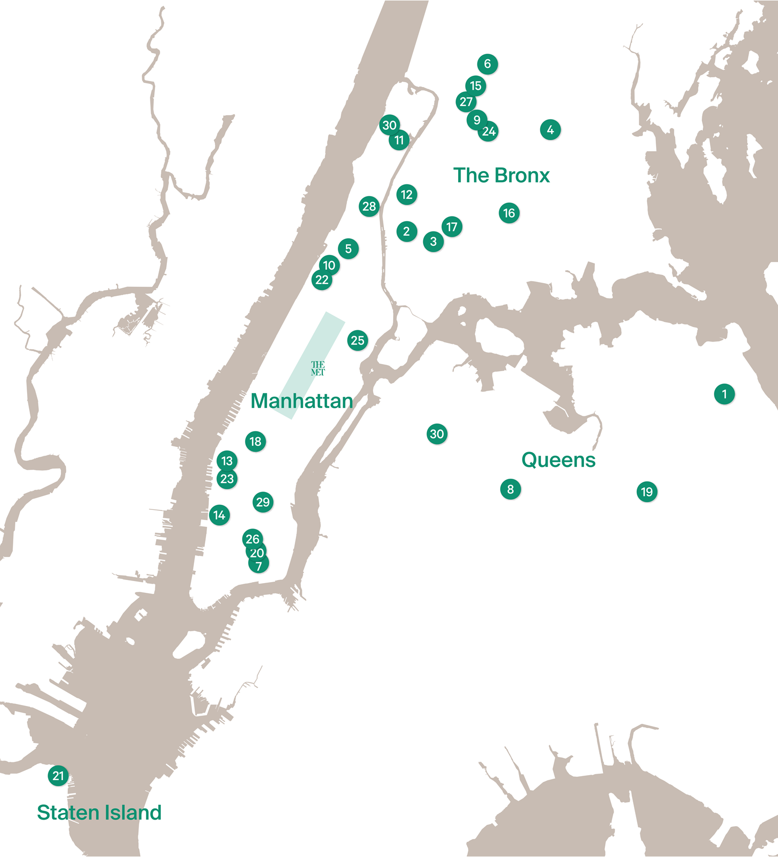 A map of New York City depicting participating locations of the original exhibition.
