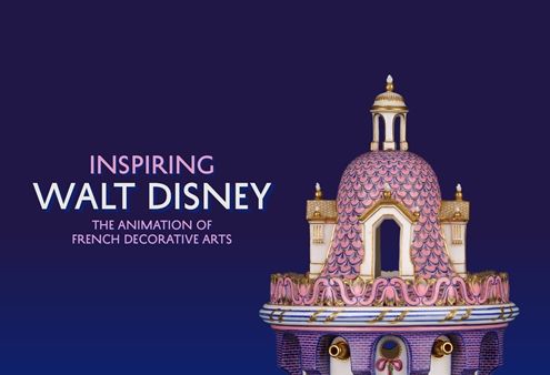 Promotional image for "Inspiring Walt Disney: The Animation of French Decorative Arts" showing a detail of an ornately decorated ceramic building model with a pink roof.