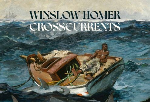 Painting of a dark-skinned man laying down on a damaged rudderless fishing boat holding on to a few stalks of sugarcane and looking out to the right side of the painting. The boat is surrounded by sharks, turbulent waters and a distant waterspout. Over the painting, the text reads, "Winslow Homer Crosscurrents."
