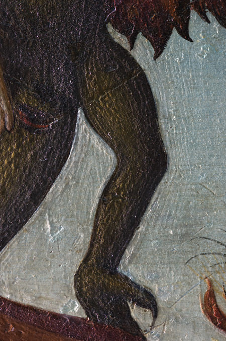 Demon's leg in raking light showing scraping and incising around contour