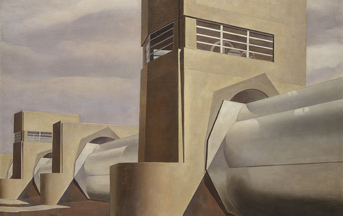 A hyper-realistic modern and austere painting of an industrial building with a cluster of huge white pipes that pierce tall stone towers
