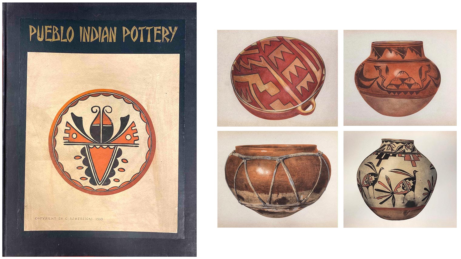 Book cover and 4 Native American pots