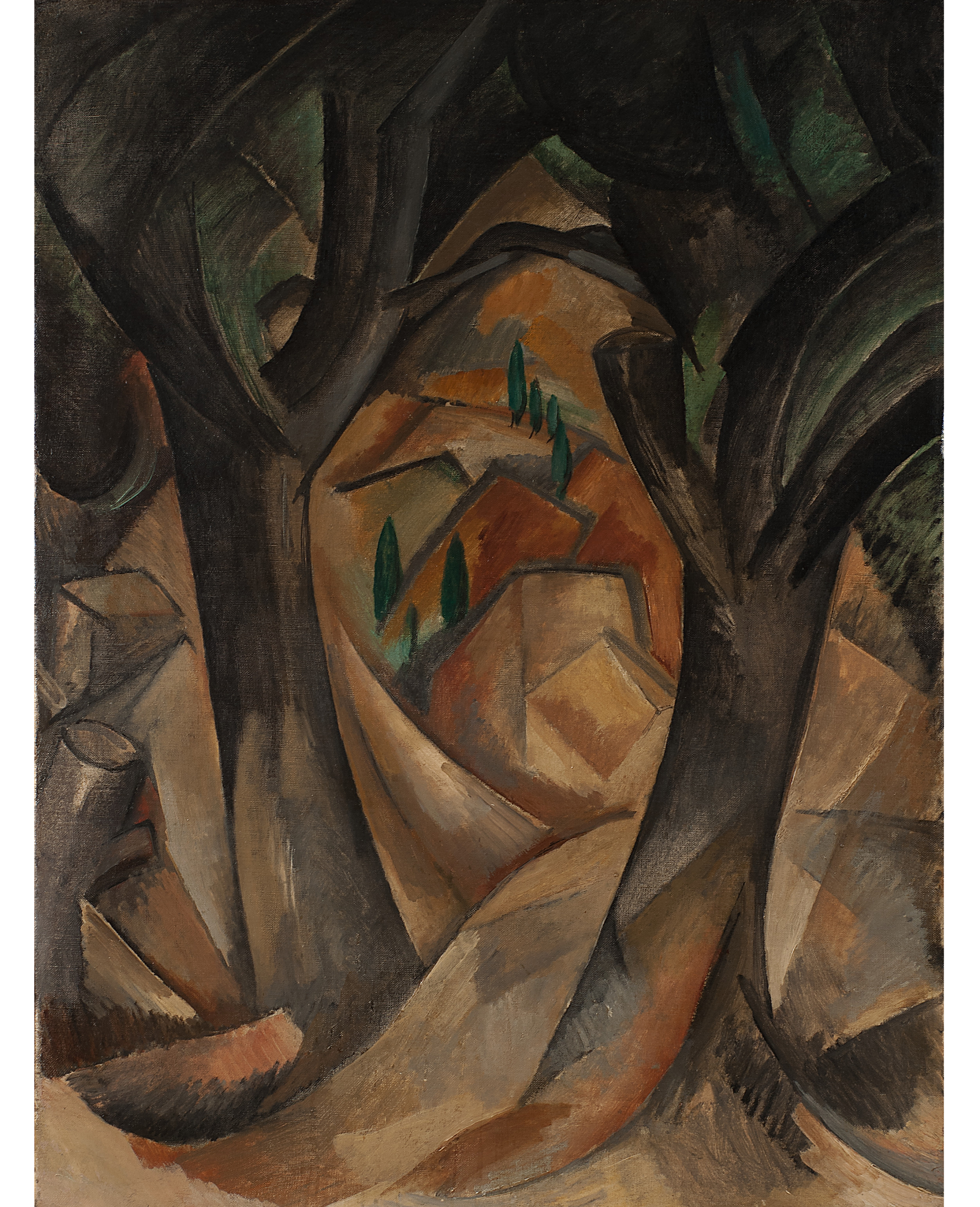 Cubist painting of trees framing houses nestled in a valley, in tones of brown and green