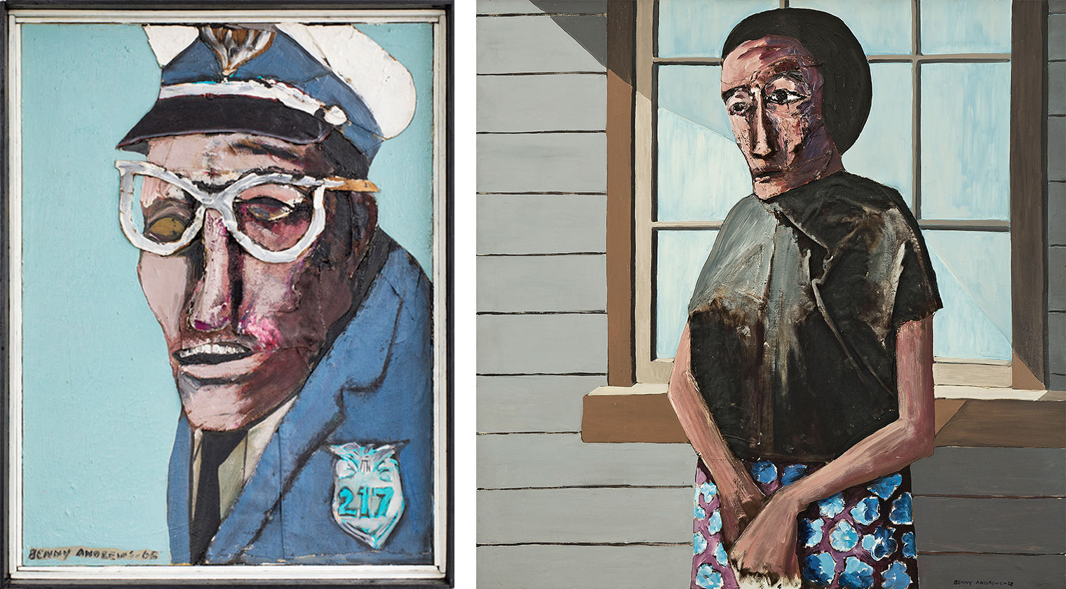 Benny Andrews' The Cop on the left and Witness on the right. Oil on canvas with fabric collage.