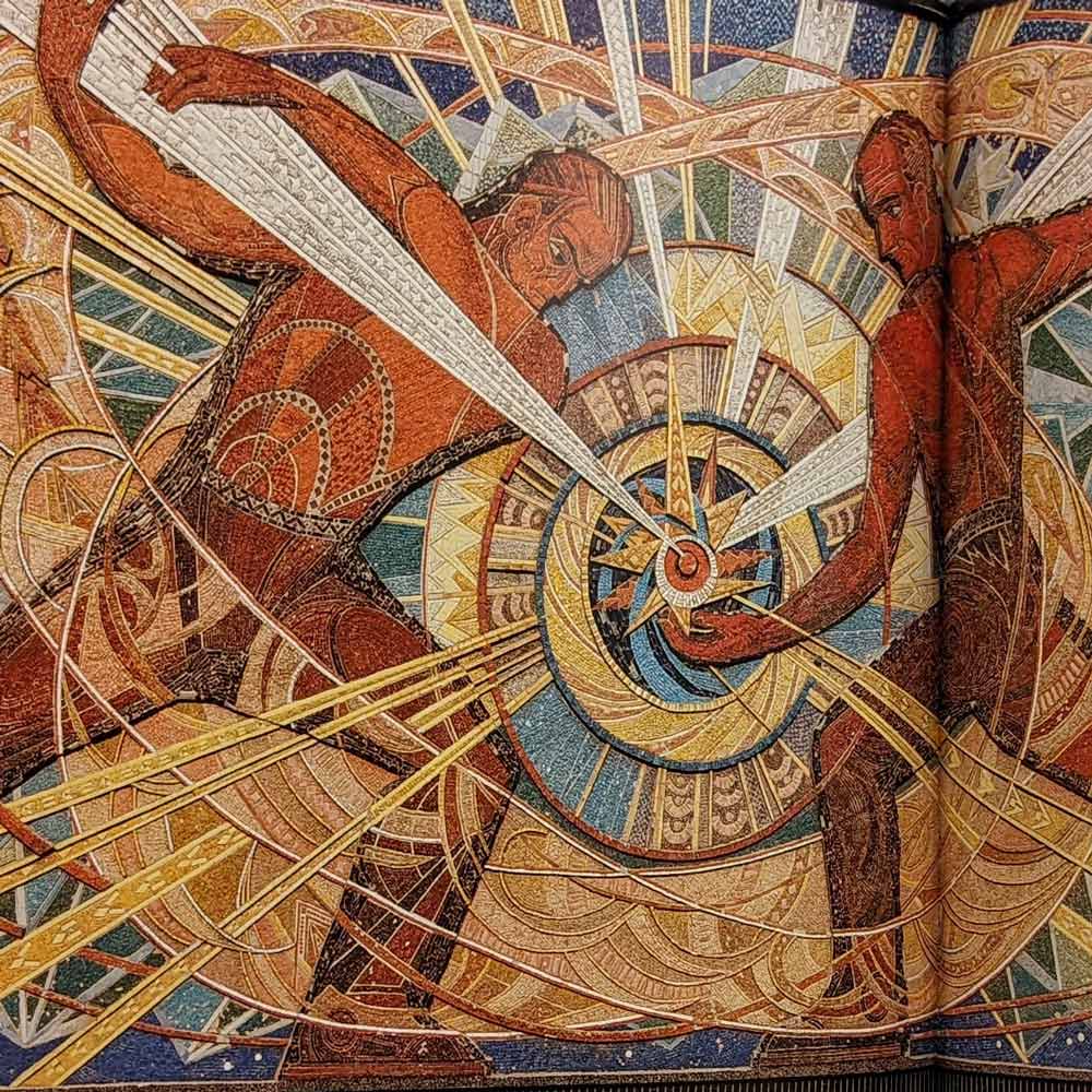 Futurist mosaic showing two men wielding colored rays around a gear-like spiral