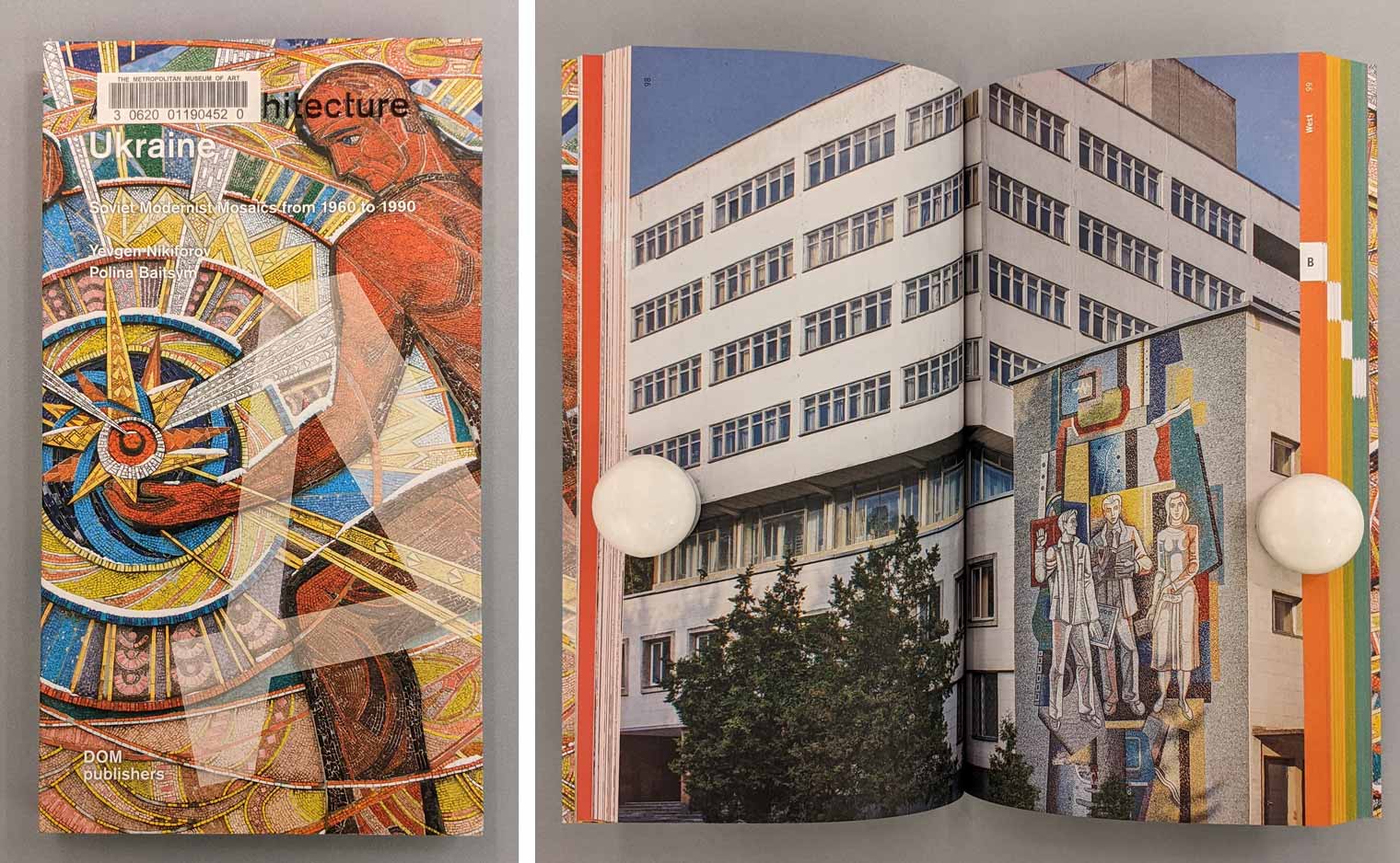 Cover of a book with a mosaic next to open book showing a large mosaic on the side of a building