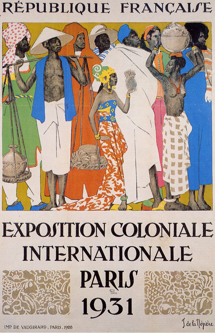 Banner of dark-skinned people wearing colorful garments with text that says Exposition Coloniale Internationale Paris 1931