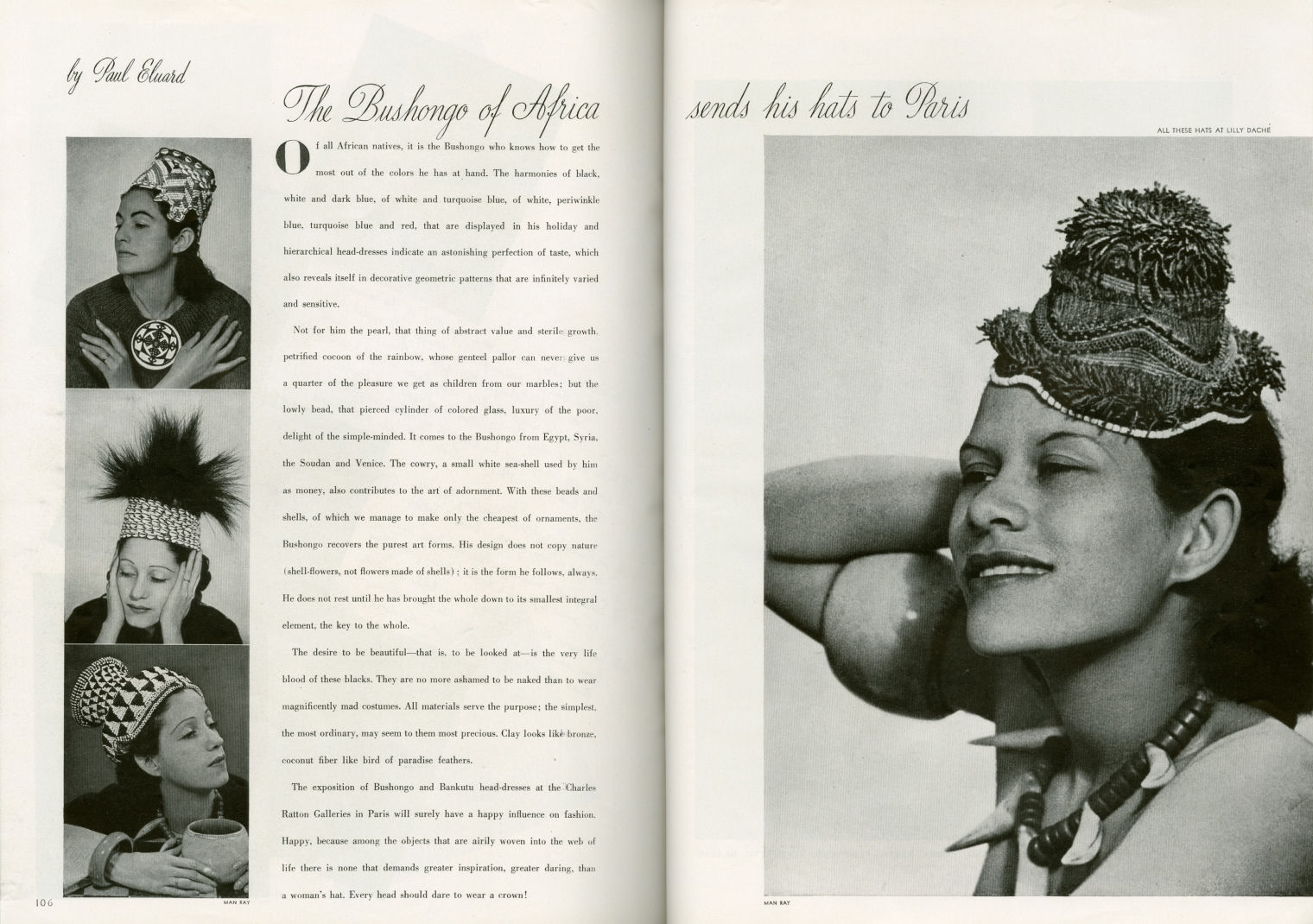 Magazine layout of women wearing hats titled The Bushongo of Africa sends his hats to Paris