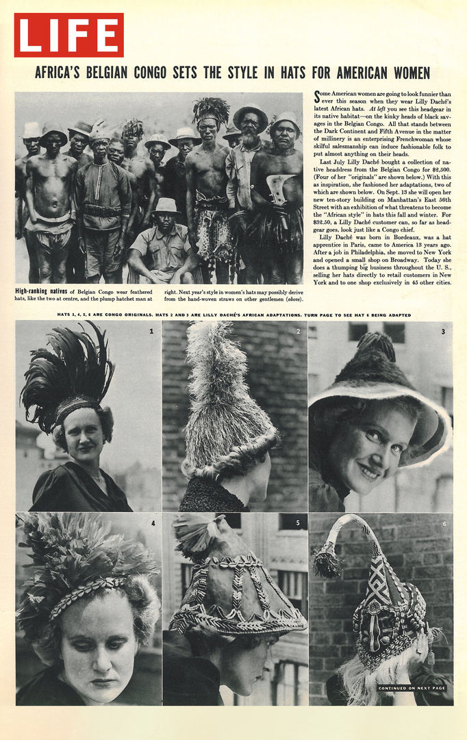 Magazine layout showcasing dark-skinned people in Belgian Congo wearing hats and below, a light-skinned model wearing similar hats. The headline says Africa's Belgian Congo sets the style in hats for American women
