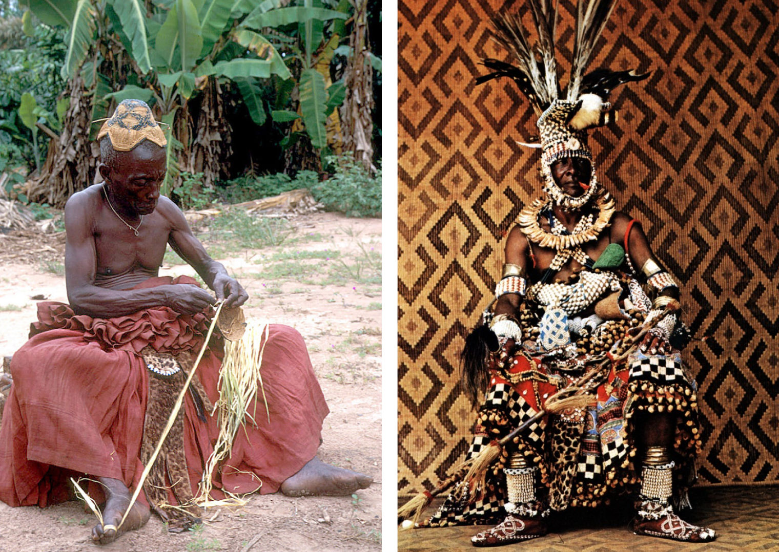 Composite of a man making a hat with natural fibers and a man wearing elaborate royal regalia made with shells, beads and feathers
