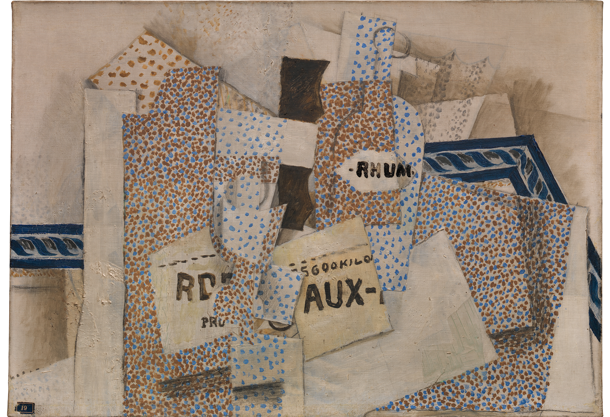 Oil painting which imitates layered paper and rum labels with red and blue dots throughout