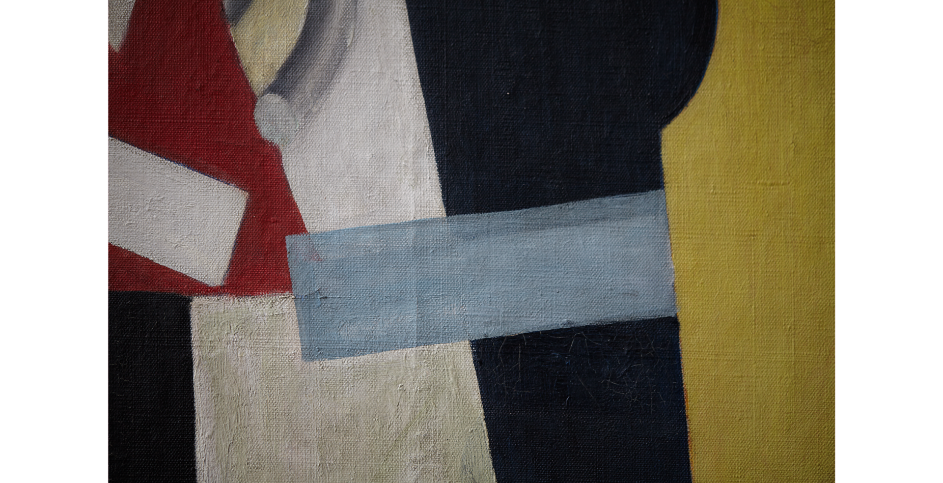 Detail of “Composition (The Typographer)” where a blue rectangle is more transparent than intended