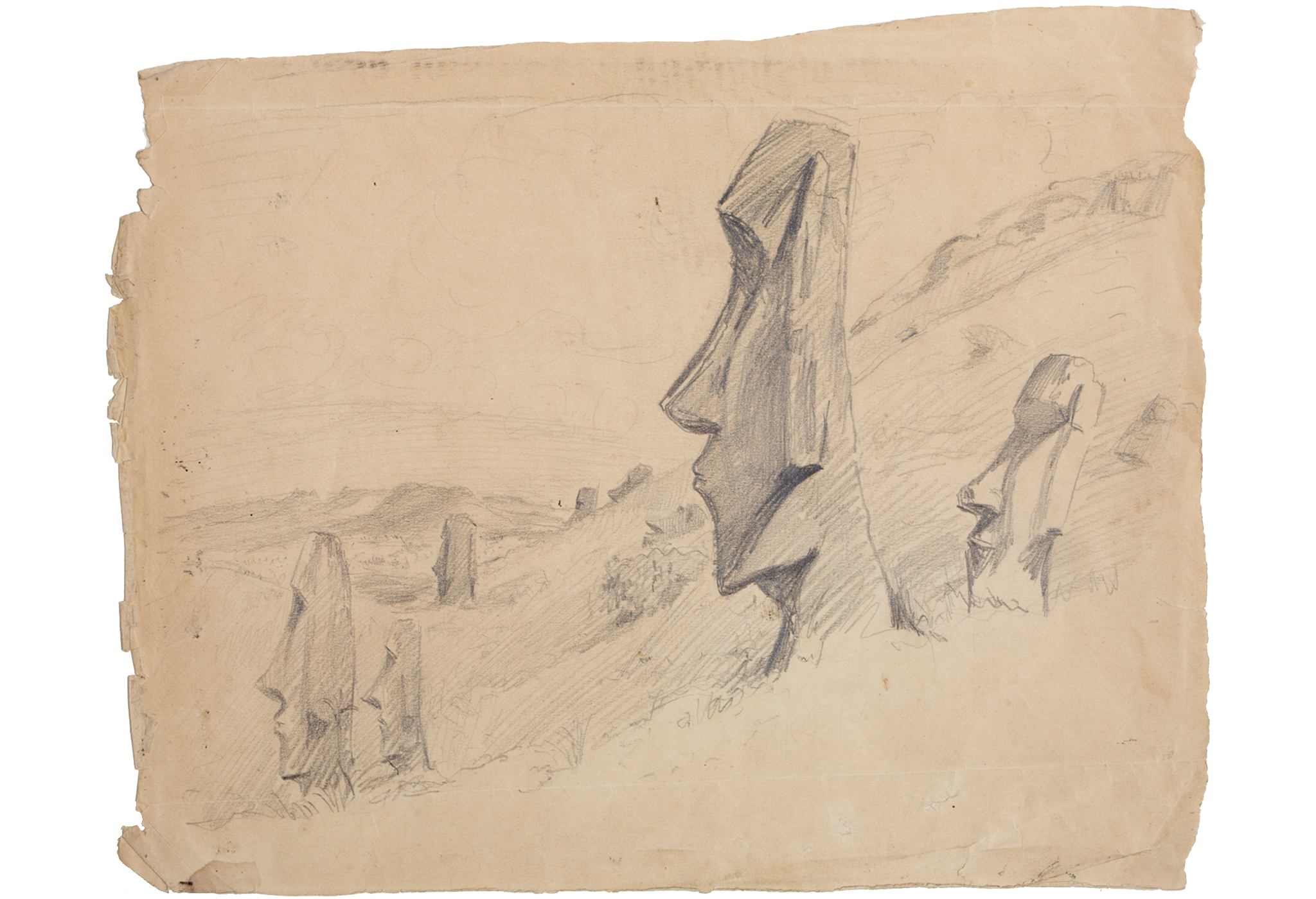 Pencil sketch of large stone statue faces from Easter Island, on the slope of the Ronororaka volcano