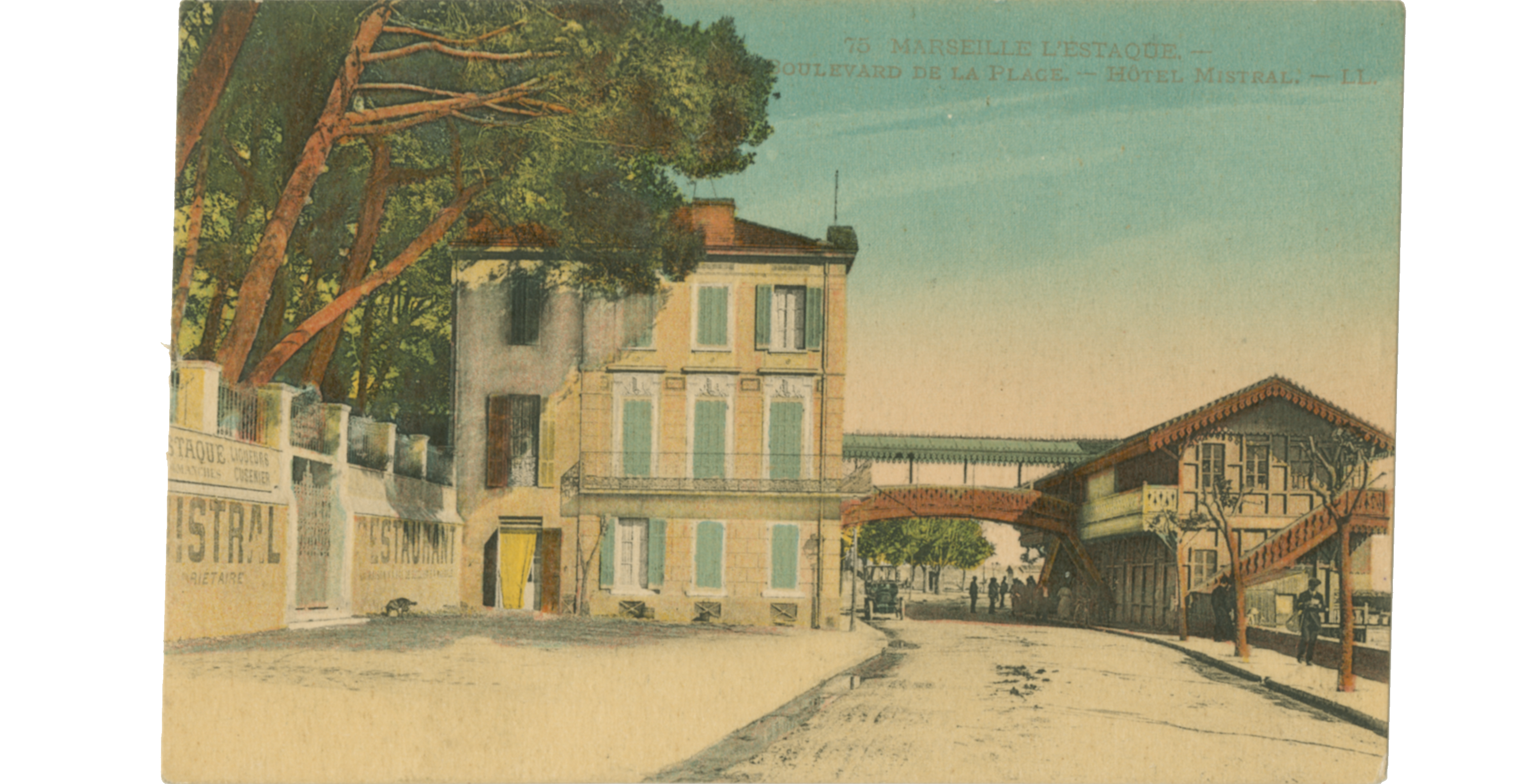 Drawn postcard of the Hôtel Mistral on a quiet street with many trees and and clear skies
