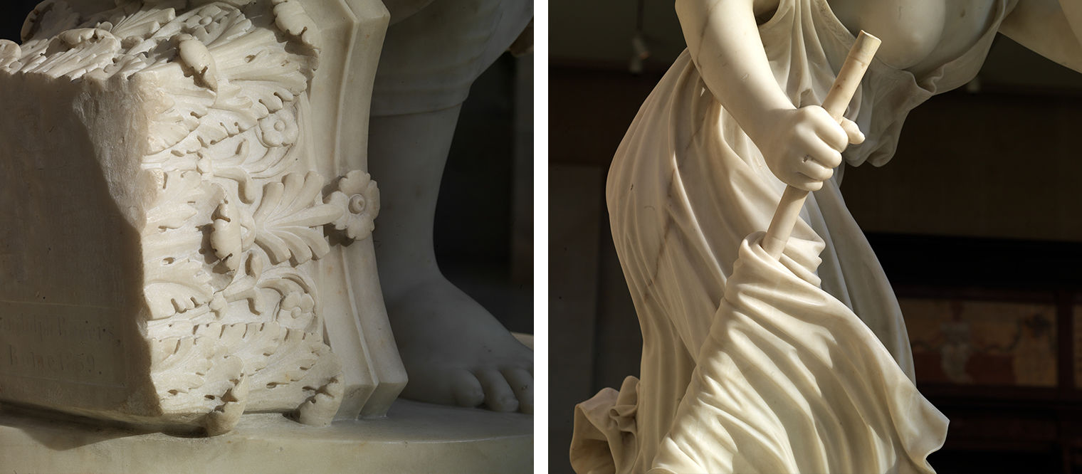A diptych image divided by white space in the middle: On the left is a close-up shot of a marble top of a white marble Corinthian column with floral decorations next to Nydia's right foot. The lighting brightly illuminates the design of the column. On the left is a close-up shot of Nydia's right hand holding a bamboo staff with her drapery flowing around the staff in dramatic lighting, exposing the top of her upper torso. 