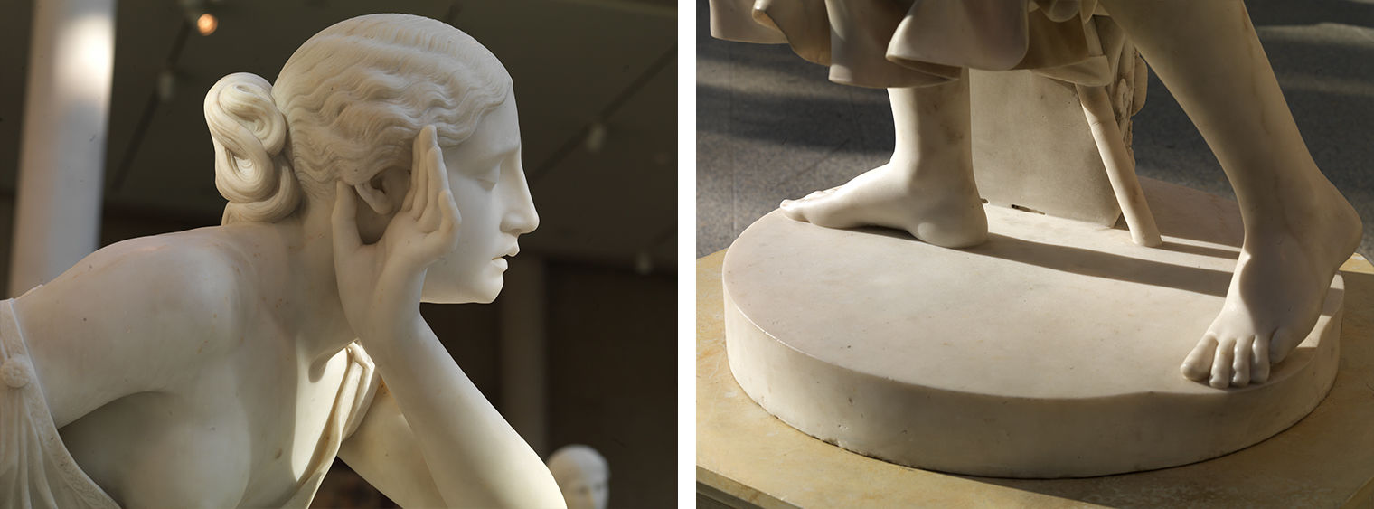 A diptych image divided by white space in the middle: On the left is Nydia, The Blind Flower Girl of Pompeii’s right-sided profile, an almost life-sized white marble sculpture showing a young girl from the torso up to her right side. Here Nydia is cupping her hand to her right ear with her eyes closed, her hair is tied together, and her robe is falling below her breast. On the right is a close-up image of Nydia’s feet and ankles in dramatic lighting against the circular white marble base of the sculpture. The staff she carries and a fallen column on the right side of her feet slightly peek out between her feet.