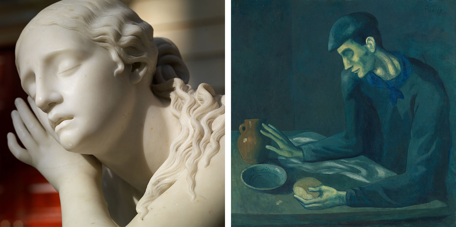 A diptych image divided by white space in the middle: On the left is a close-up of an almost life-sized white marble statue of Nydia, The Blind Flower Girl of Pompeii, emphasizing her face and expression where her closed eyes and parted lips are visible along with her hair flowing over her left shoulder. On the right is Picasso’s blind man's Meal, which shows a man with closed eyes and elongated fingers in profile sitting at a table with bread in his left hand, an empty bowl with his right hand touching it, a white cloth under his arm, and a vase all on a wooden table. The man is wearing a long sleeve shirt, a blue scarf tied in a knot at his neck, and a beret. The painting is done in a blue palette with a plain dark blue background behind the man. 
