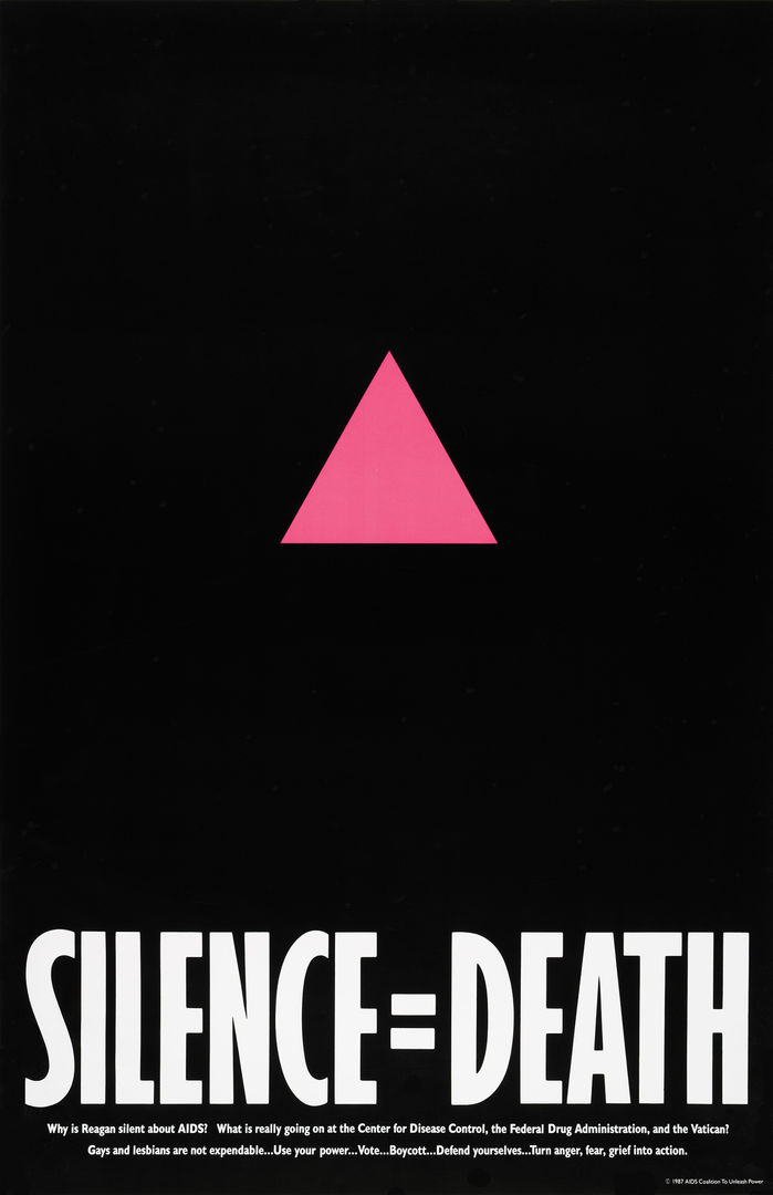 Black poster with large, stark white text at the bottom reading "SILENCE=DEATH," with accompanying smaller text about the AIDS crisis. The center of the poster has a pink triangle.