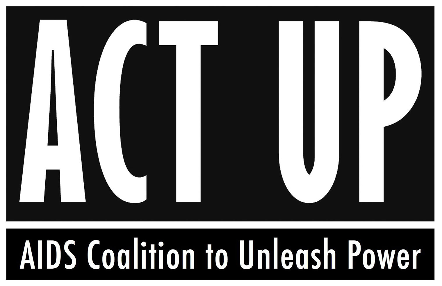 ACT UP logo with white text against a black background. "ACT UP" is in large caps, with text below that reads "AIDS Coalition to Unleash Power."