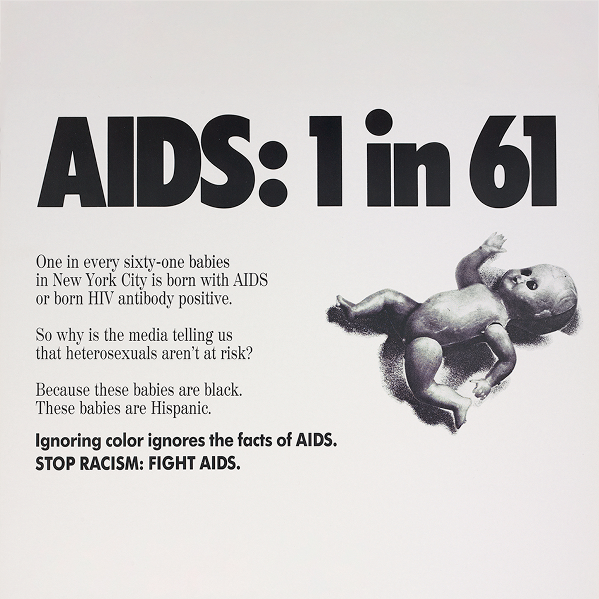 Black-and-white poster with a bold statistic about AIDS, an image of a baby doll, and accompanying text about HIV/AIDS in babies.