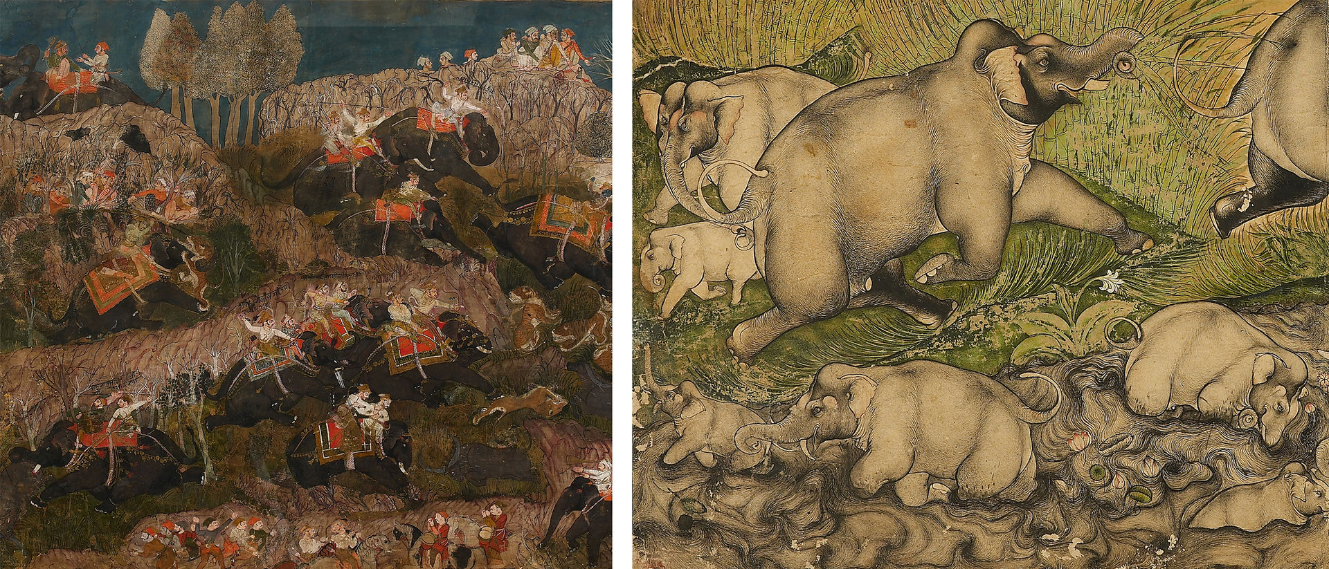 painting of elephants in a forest on left and painting of elephants bathing on the right