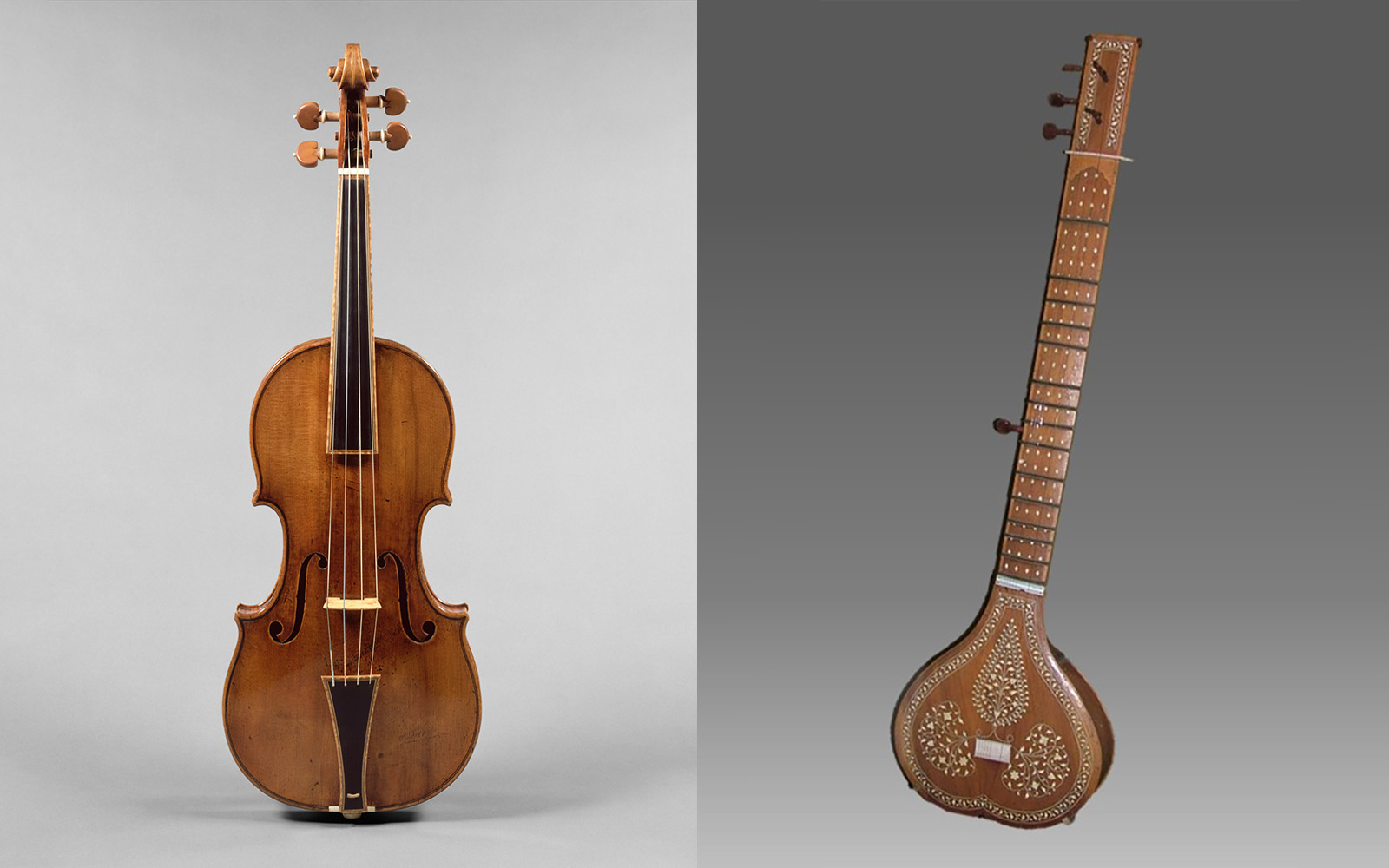 Composite image of a sitar and a violin on a neutral background.