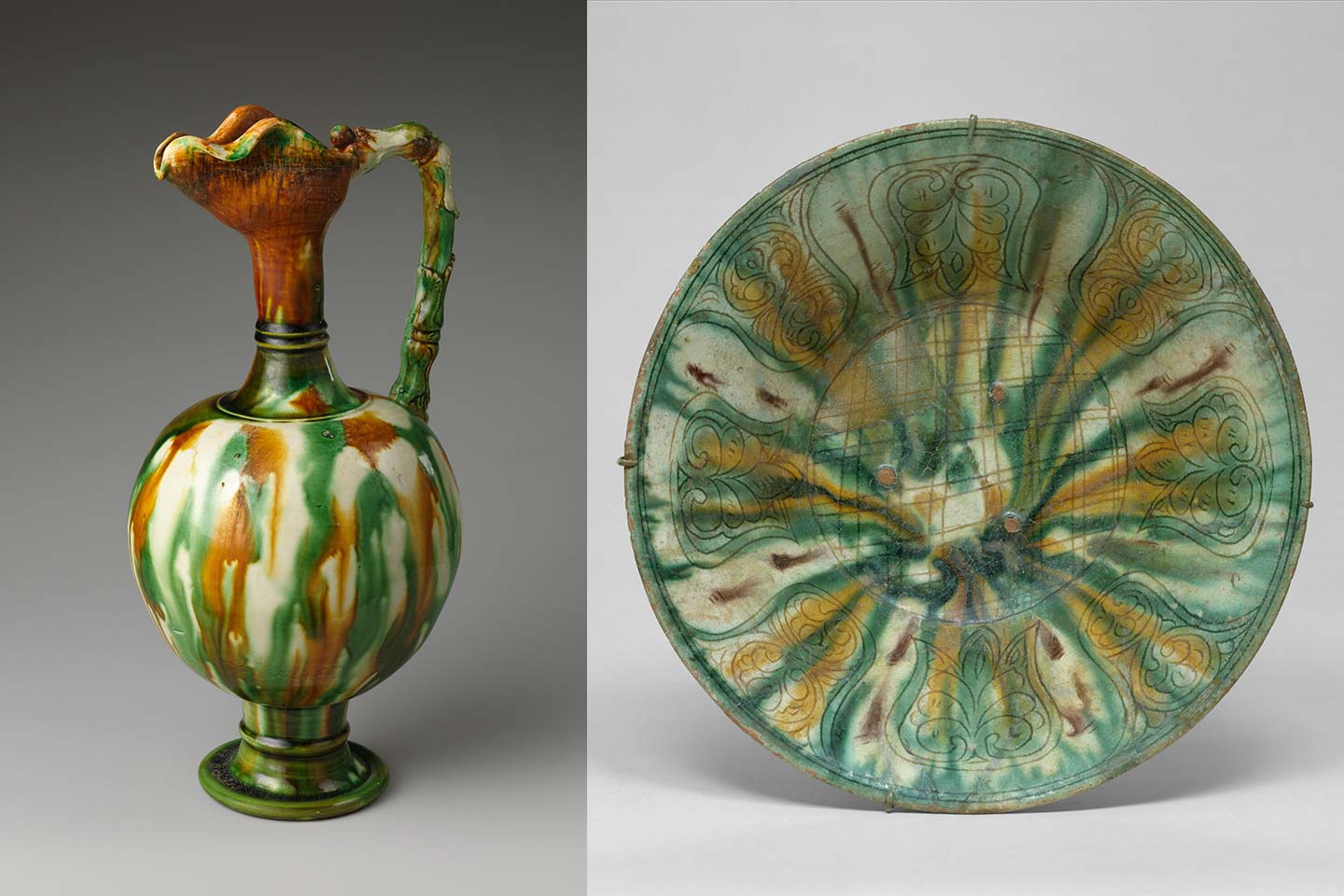 7th-century Chinese Ewer and 10th-century Iranian bowl with similar green and brown decoration