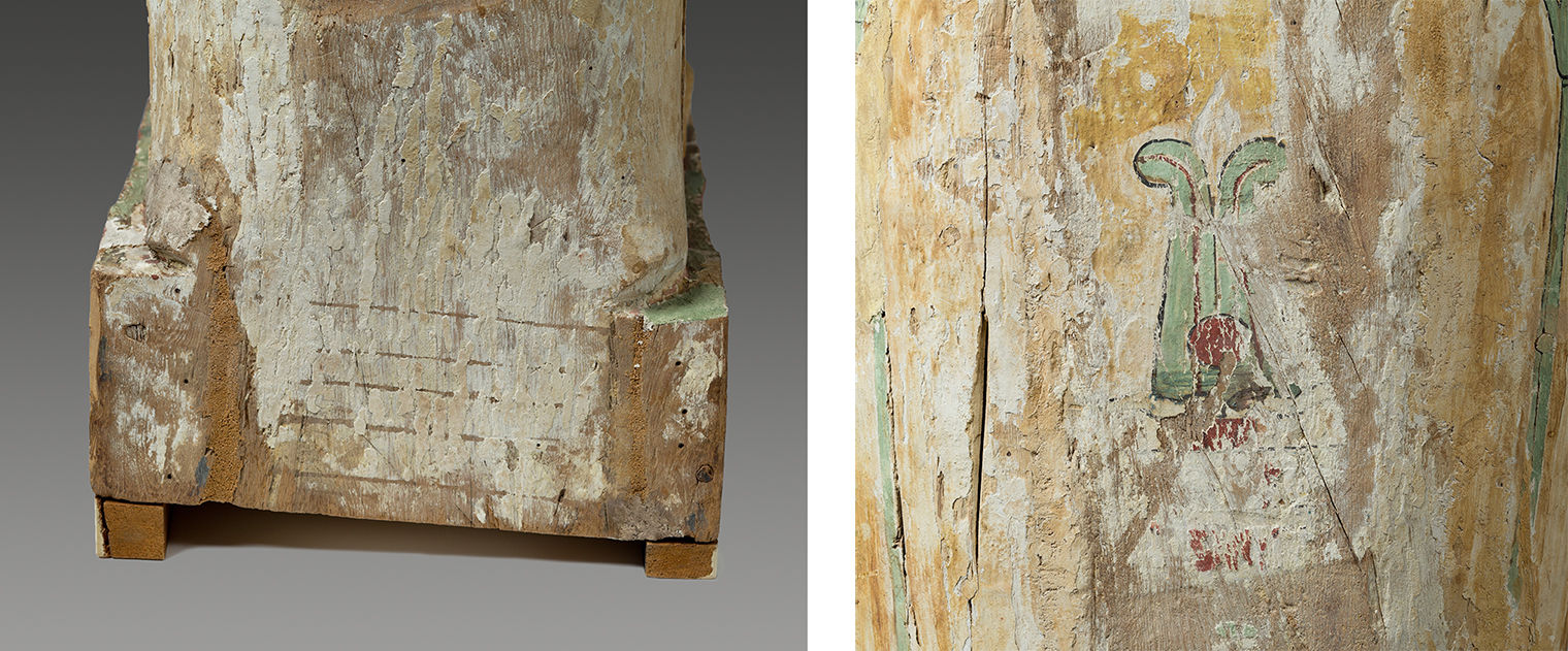 Two images with details of the decorated coffin. Cracks in the wood and fading paint show the overall wear on the object.