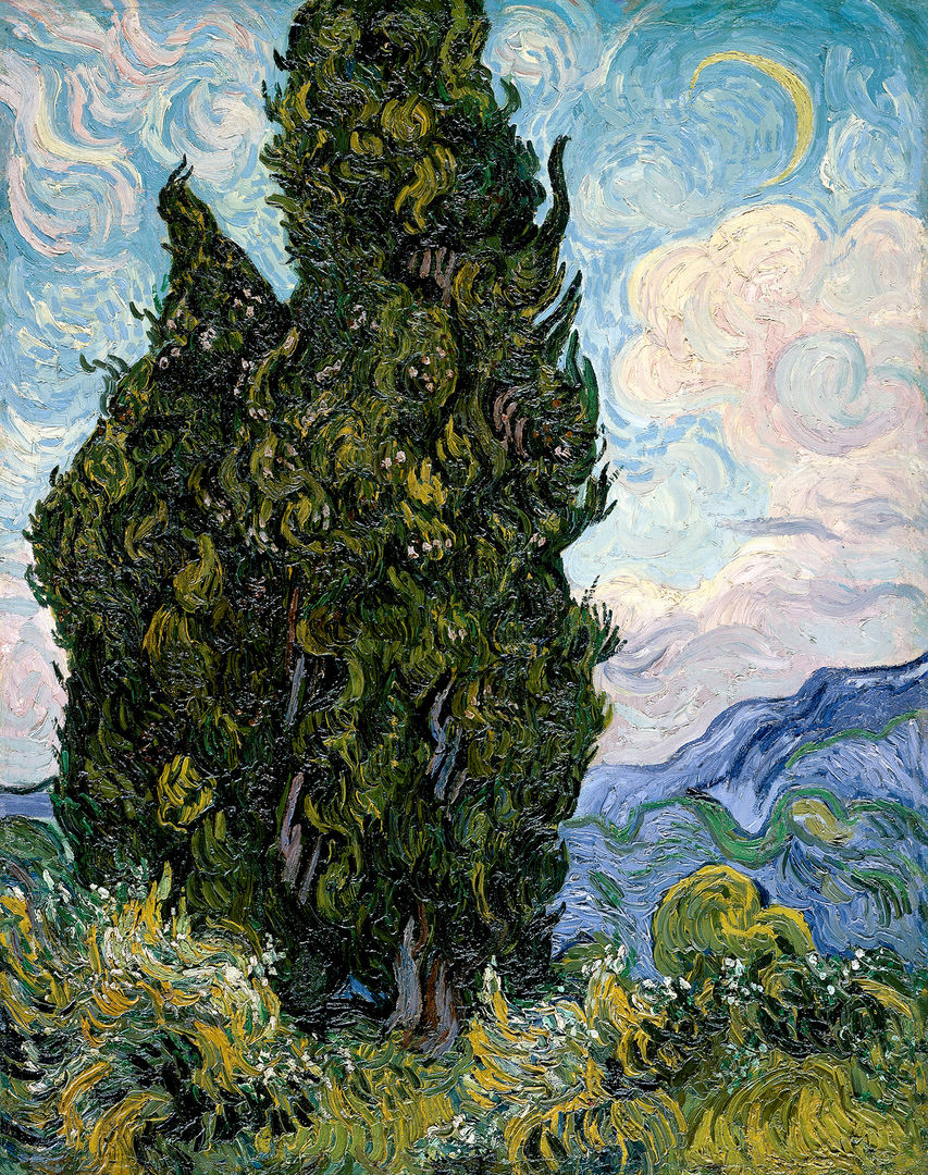 Van Gogh's Cypresses. The painting is awash in shades of blues, greens, and yellows painted in swirling, thick strokes. The cypress tree spans the left half of the canvas, surrounded by vegetation at its base and framed by distant mountains and the sky.
