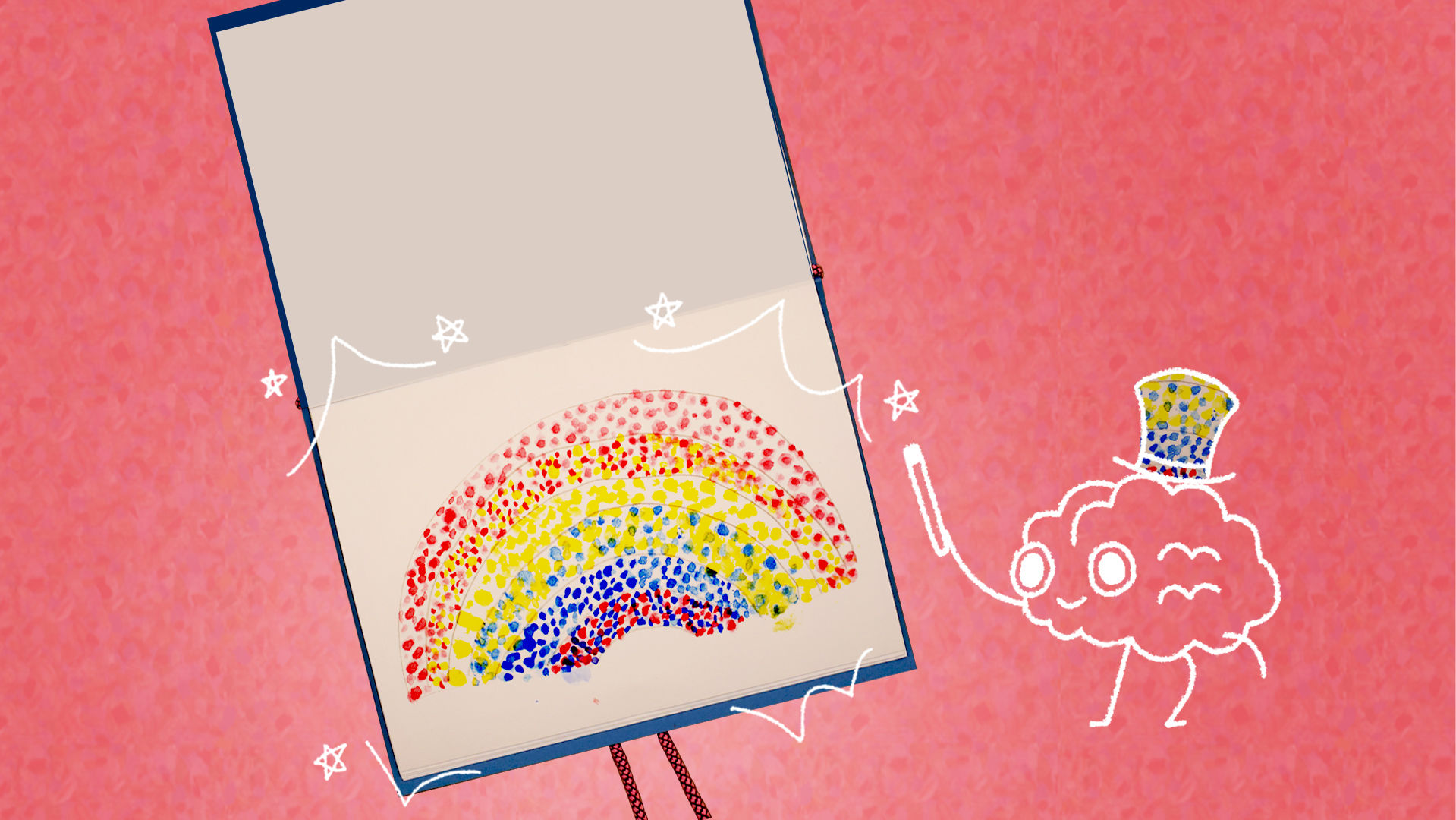 An illustrated brain character waves a magic wand over an open sketchbook page featuring an illustrated rainbow painted with many colorful dots.