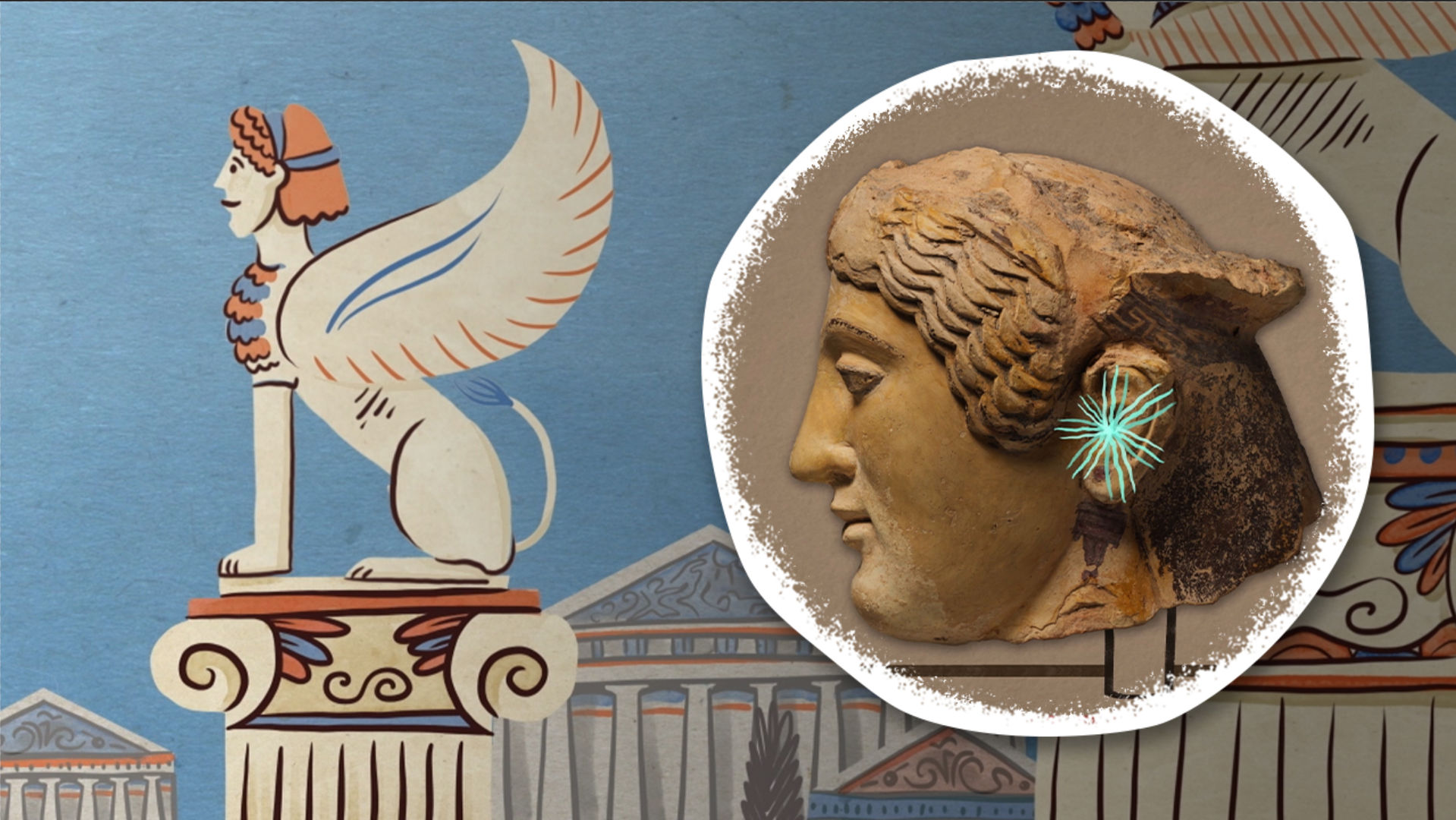 A cartoon sphinx seated on a column in ancient Greece. Inset to the right shows a photograph of the terracotta head of a woman with cartoon crystals growing from her ear.