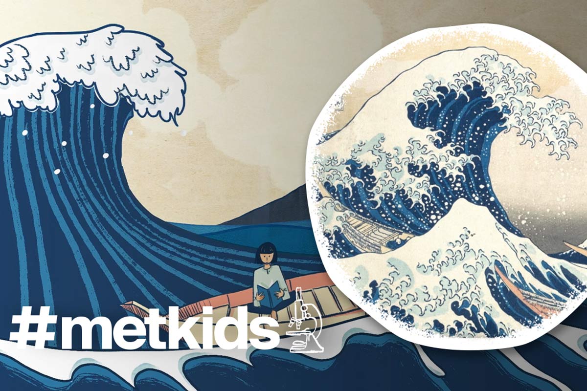 A cartoon drawing of a girl reading a book cross-legged on a small wooden boat beneath a large crashing wave, beside an inset Japanese woodblock print of a massive blue wave crashing over the ocean. Bottom text reads hashtag MetKids and an icon indicating a microscope.