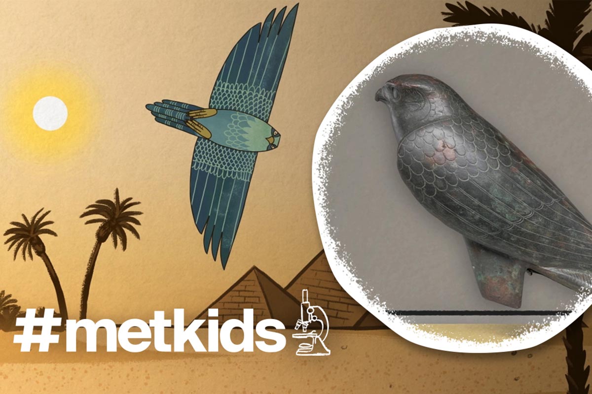 A cartoon drawing of a blue falcon soaring above pyramids, palm trees, and sand, beside an inset photograph of a metal container shaped like a falcon from Ancient Egypt. Bottom text reads hashtag MetKids and an icon indicating a microscope.