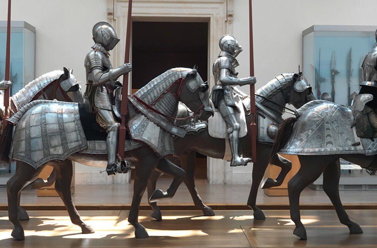 Knights' and horse's armor on display in the equestrian court at The Met Fifth Avenue