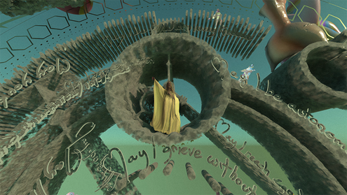 a figure in a gown is surrounded by circular forms and text in a futuristic scene