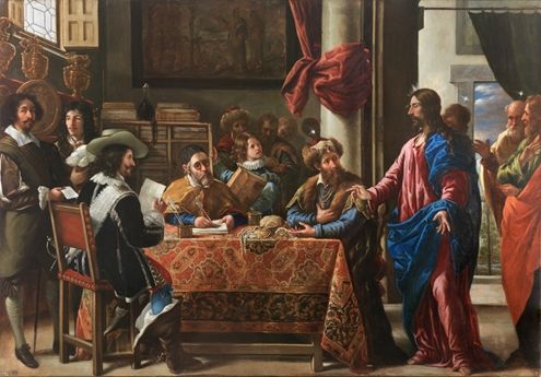A painting of a group of men seated at a table in brightly colored robes leaning to speak to the standing figure of Matthew on the right.