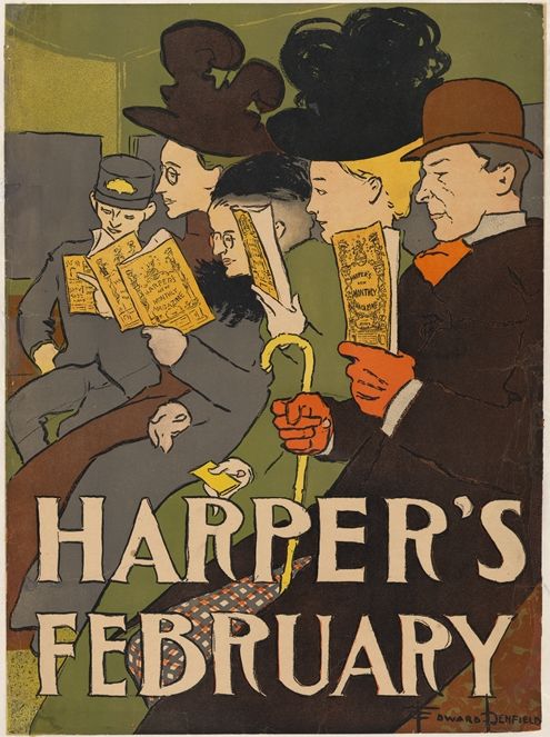 An illustration of five people reading magazines in ostentatious hats and fancy clothes with the words "Harper's February" below.