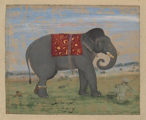 A painting of an elephant in profile with a highly decorated fabric cloth across their back. The elephant is located in a grassy field.