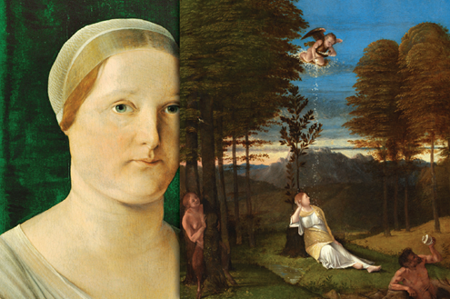 A composite image of a painting of a woman in 3/4 view with a simple head covering and dress next to a painting of four figures in a wooded landscape.