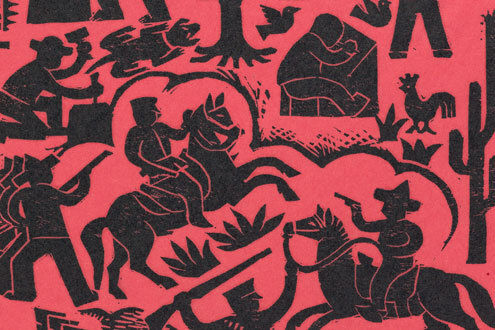 A graphic pattern of men on hosrback with silhouettes of chickens, plants, and other people in the background