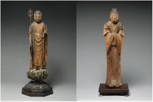 A composite of two wooden Japanese sculptures. On the right, the figure stands on top of a lotus flower draped in robes. On the left, the figure wears a long sleeve gown with hands together at its center