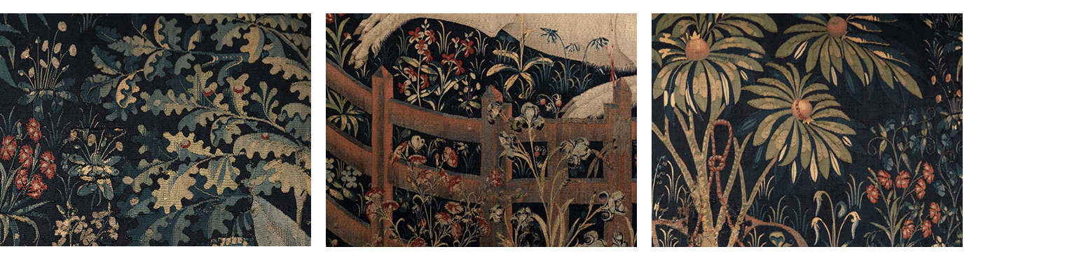 A composite image of three details of plants from the unicorn tapestries. In the first images flowers mingle with shrubs bearing berry fruit. In the second image, white lilies and small red flowers blossom at the feet of a unicorn both inside and outside a fenced-in area. In the third image, trees filed with ripe pomegranates mingle against a backdrop of blossoming flowers.