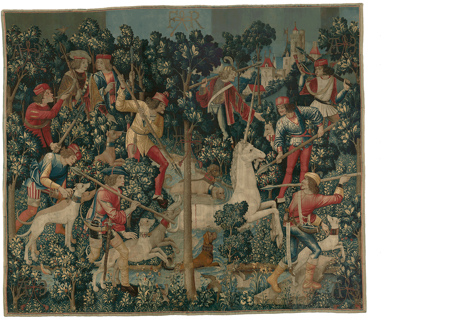 The chase is on. The hunters stab the unicorn with their spears as it flees through the water. Still, even in this violent tapestry the unicorn is depicted as a majestic creature.
