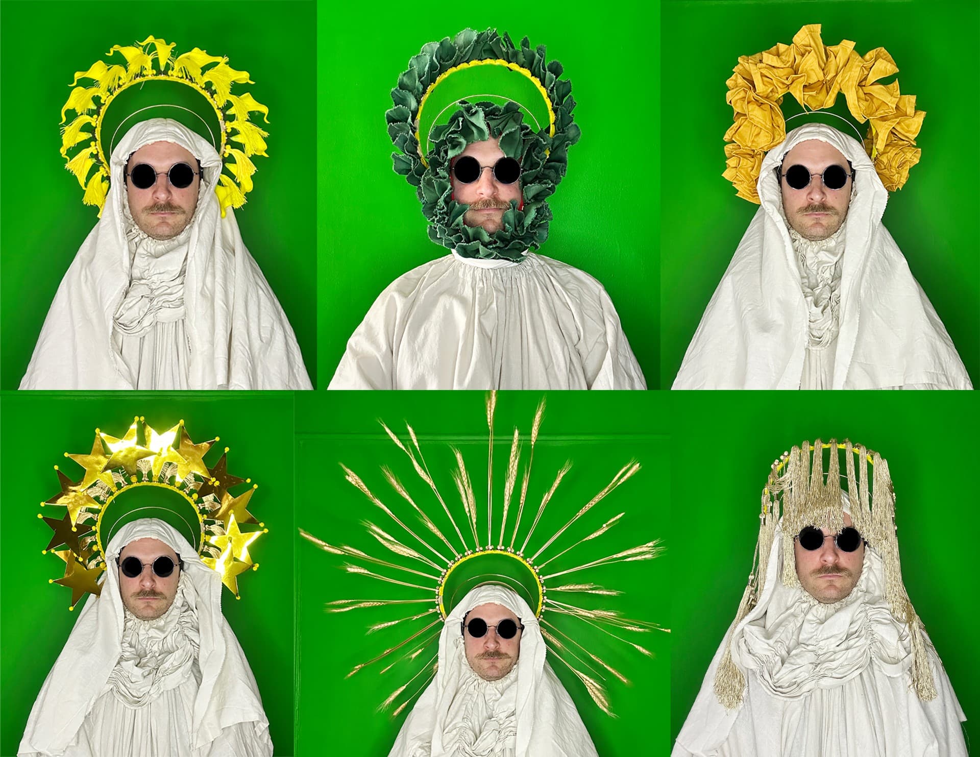 Tiled image of a person in religious costume wearing various halos