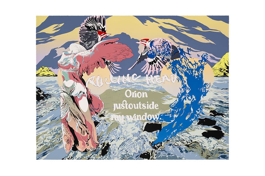 A rendering of Stairway to Victory in white, green, and red and a blue figure with birds at the top on a ocean scene. There are words superimposed that say Rolling Head Orion just outside my window