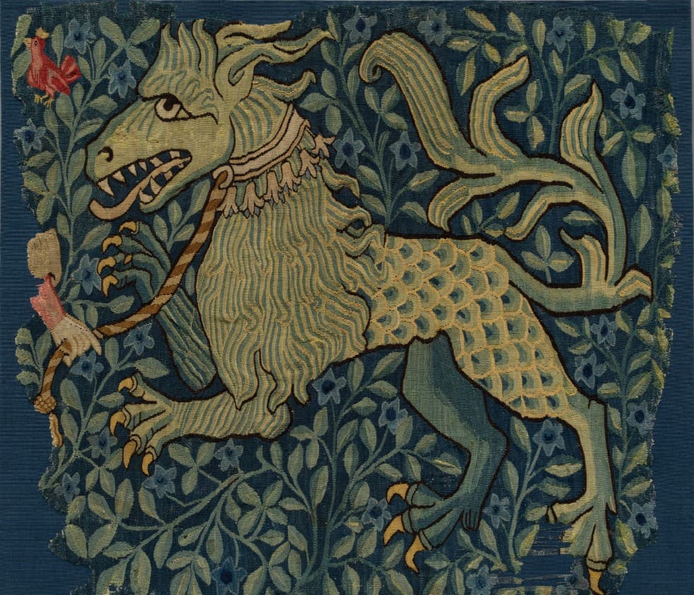 Tapestry of a beast on a leash in profile