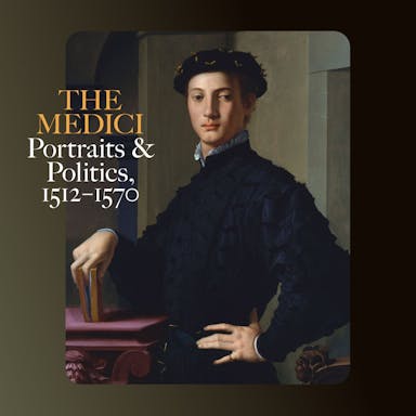 Painting of man with hand on the hip looking forward, dressed in black against green background; Text: "The Medici Portraits & Politics" on top of image