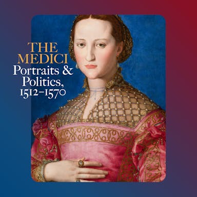 Painting of woman looking forward with hand on chest, dressed in red against blue background; Text: The Medici Portraits & Politics on top of image.