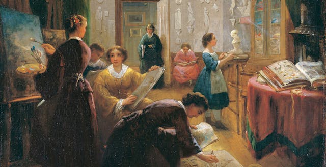 Painting of women in brown, yellow, blue dresses in an art studio