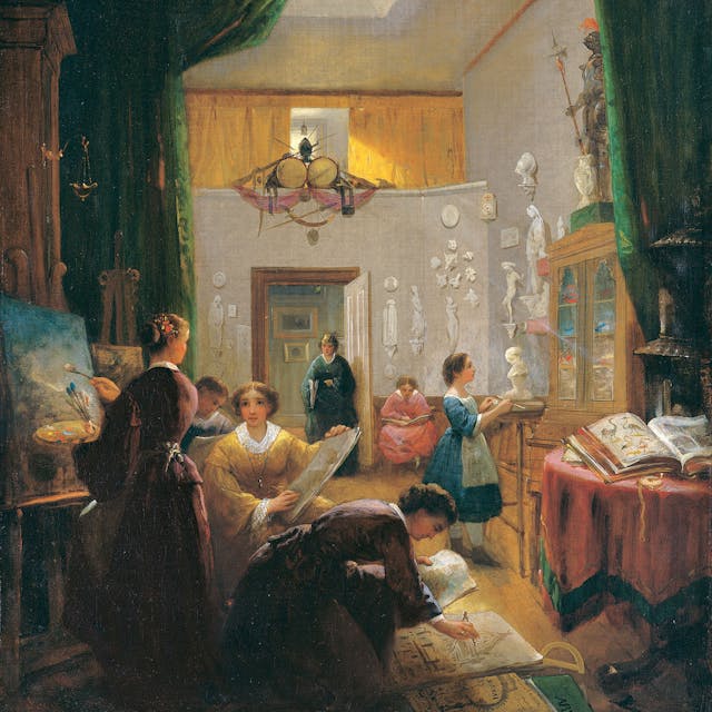 Painting of women in brown, yellow, blue dresses in an art studio